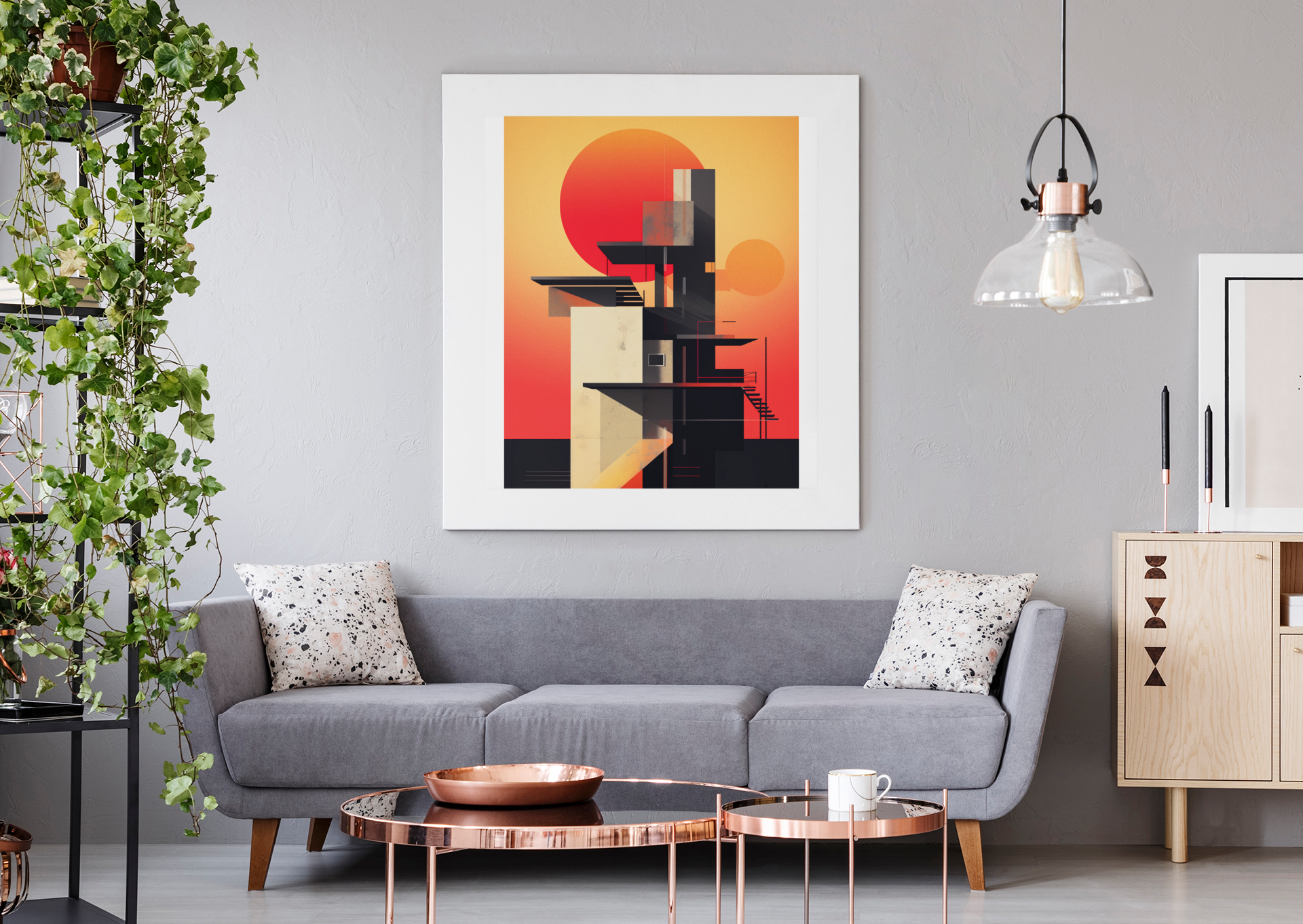 Bauhaus Style Abstract Red Sunset Architecture Wall Art Design