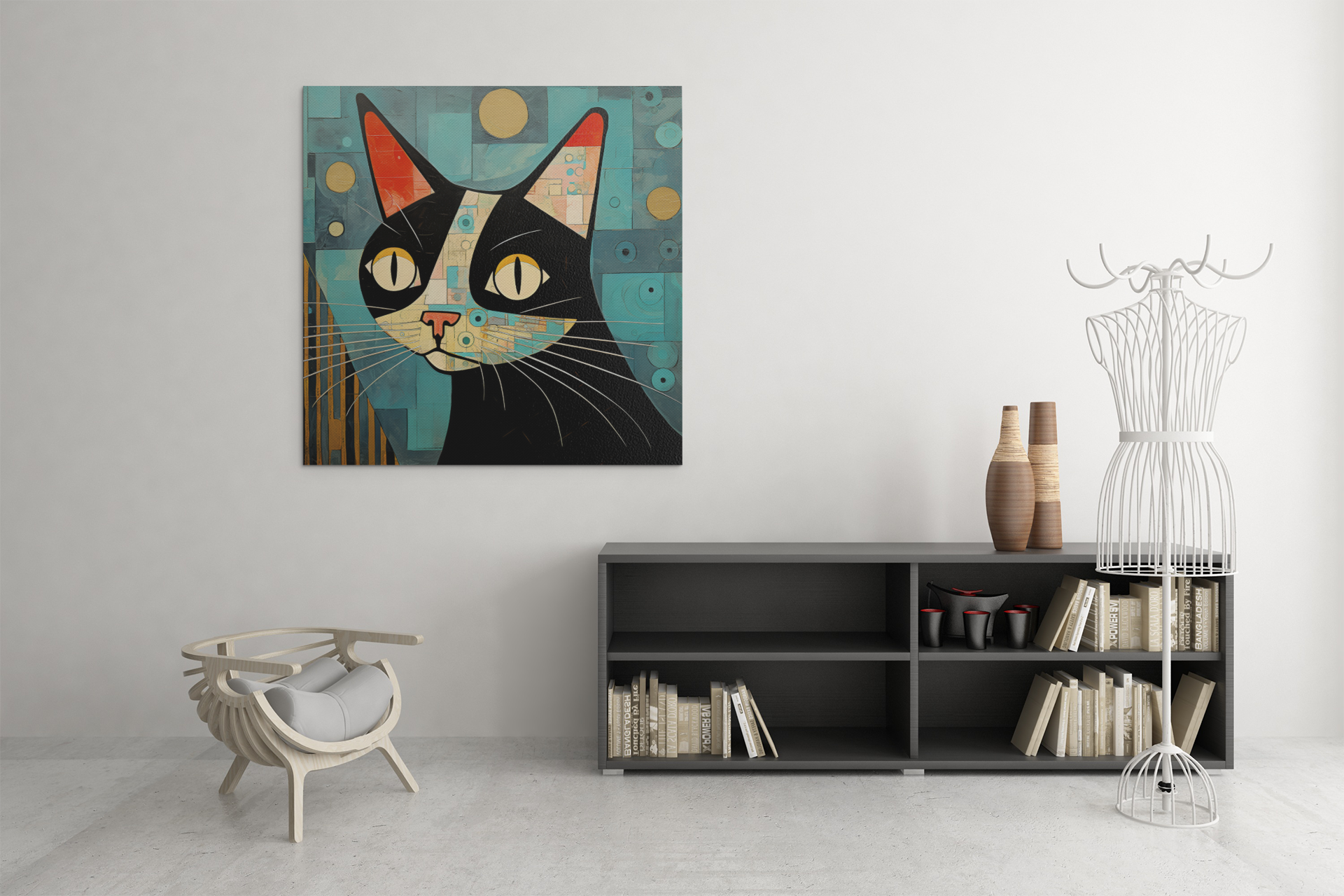 Abstract Black and White Cat Wall Art Design
