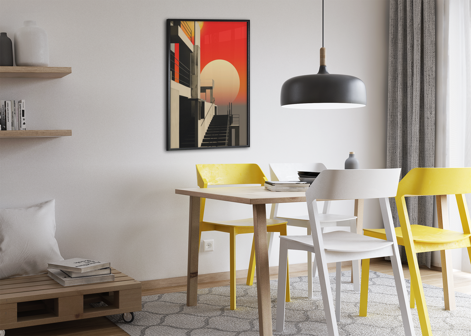Bauhaus Style Crimson Sunset Architecture Wall Art Design