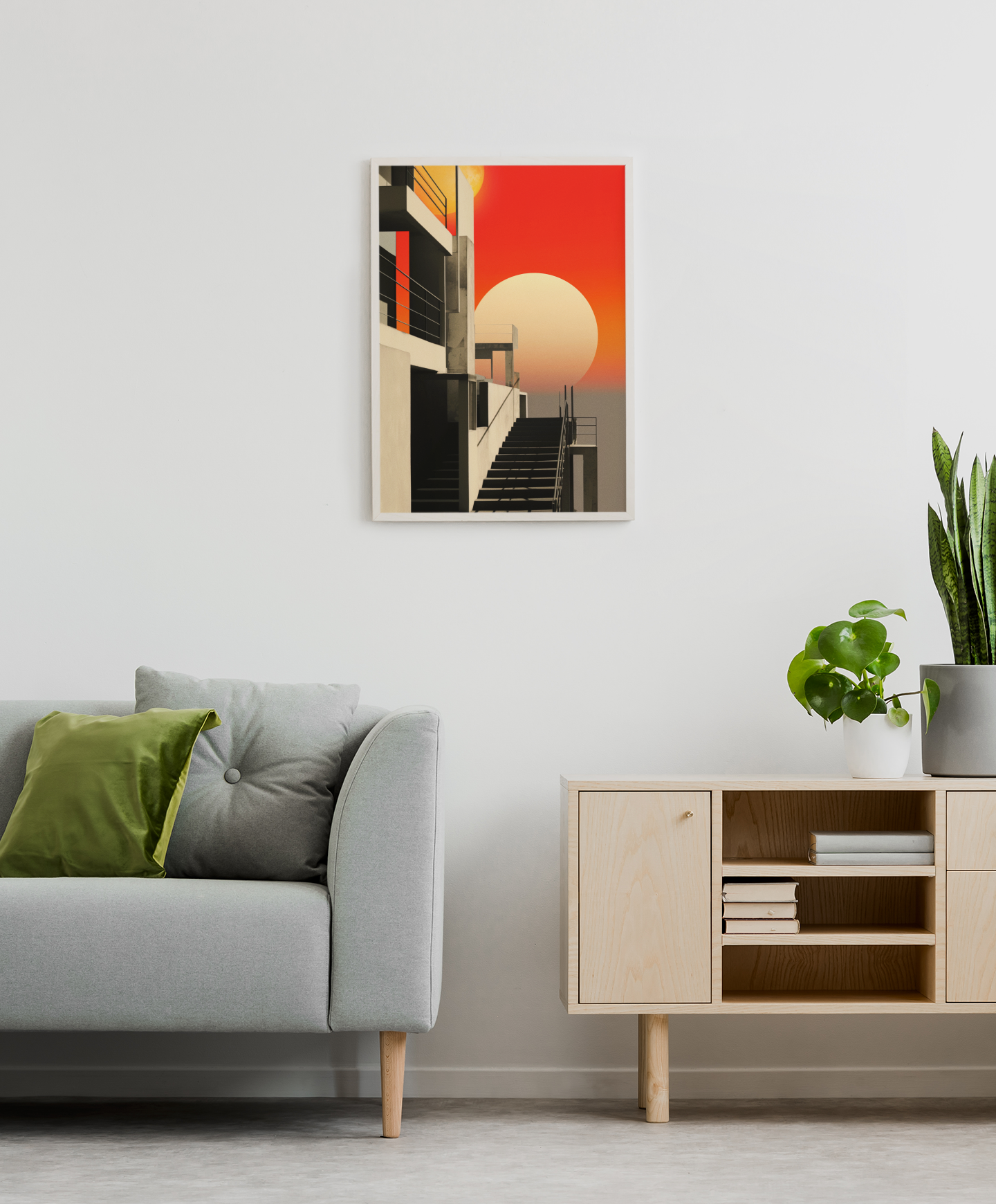 Bauhaus Style Crimson Sunset Architecture Wall Art Design