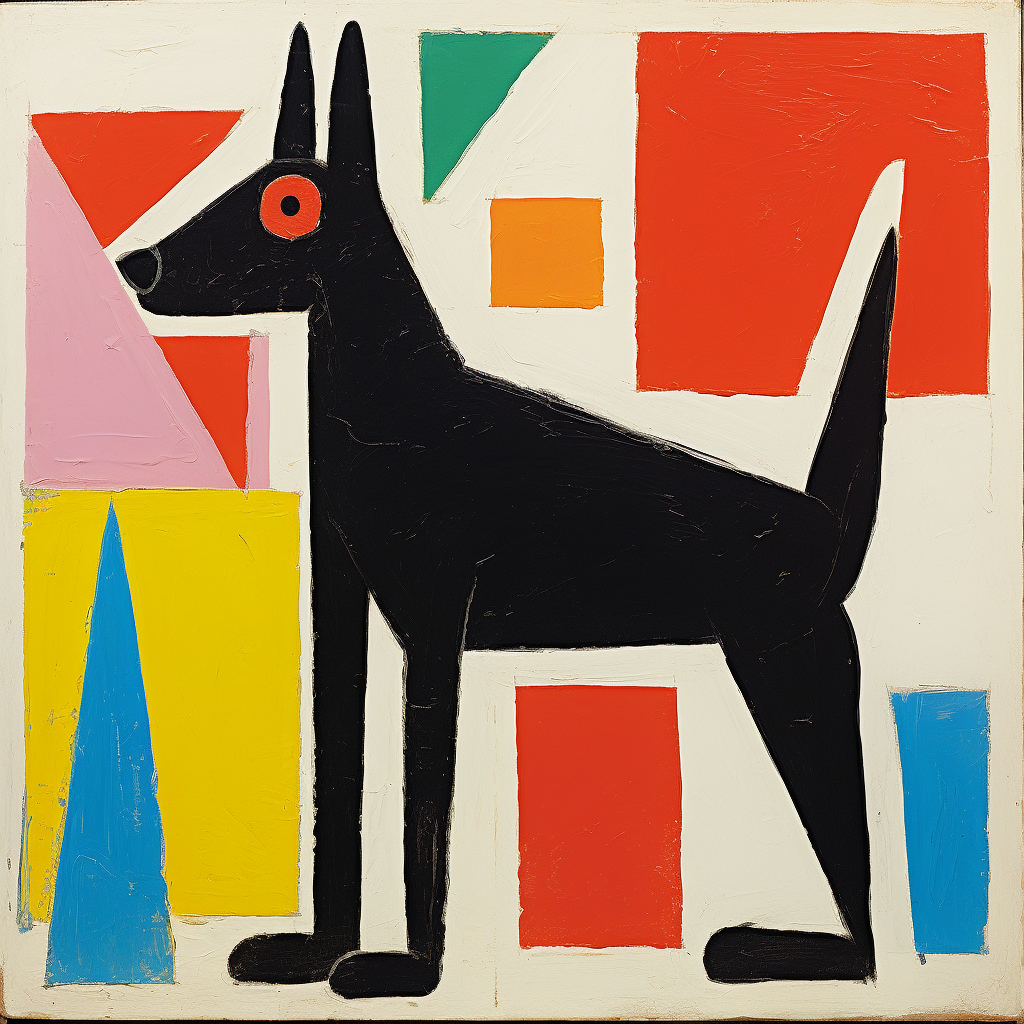 Simple Three-Legged Black Dog on Geometrical Color Shapes