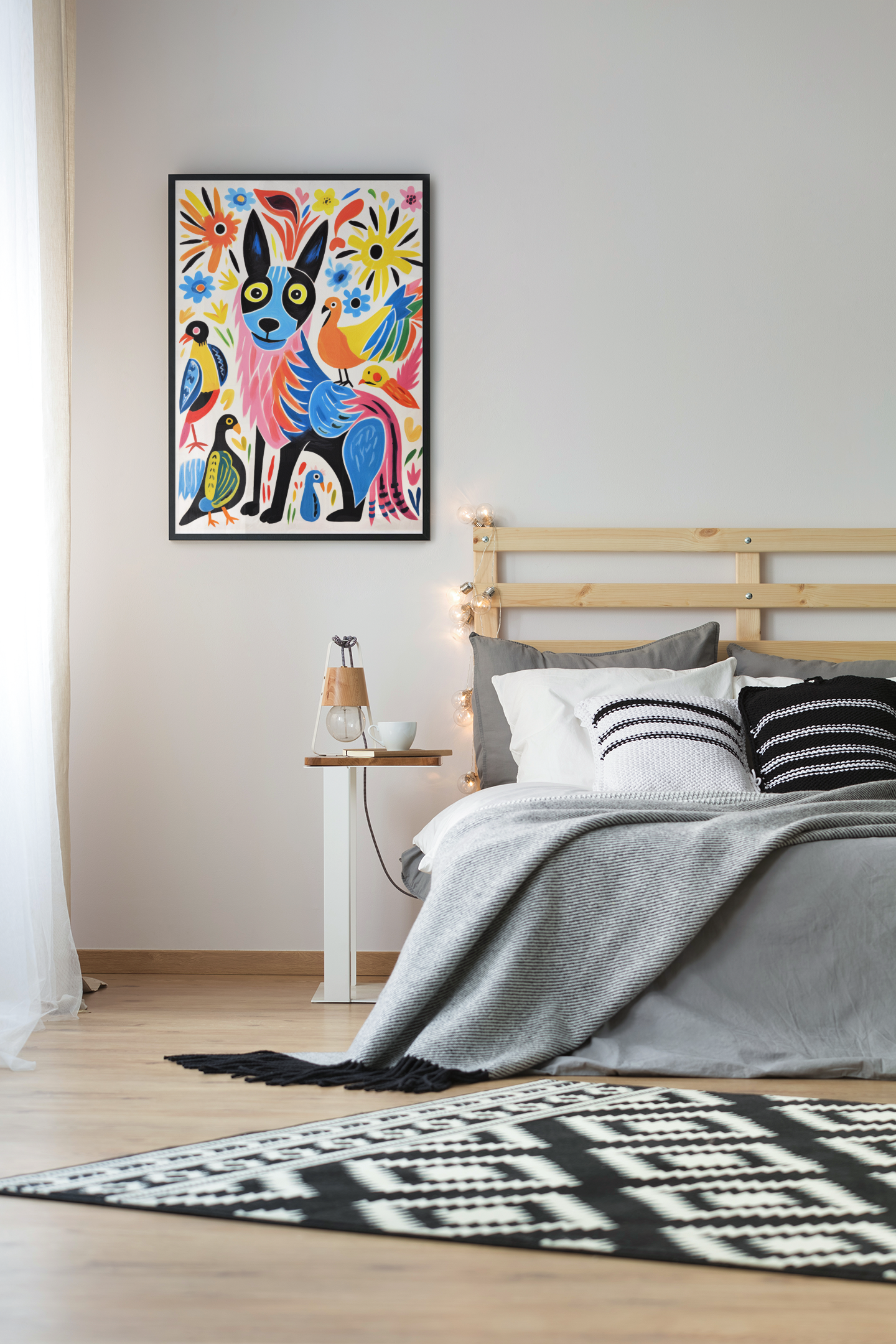 Fluffy Dog and Pigeons Abstract Wall Art