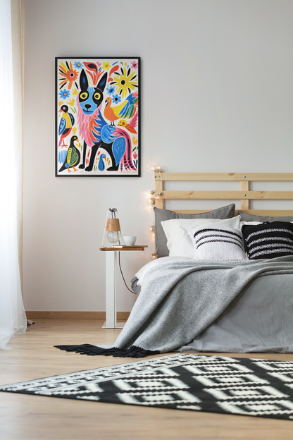 Fluffy Dog and Pigeons Abstract Wall Art