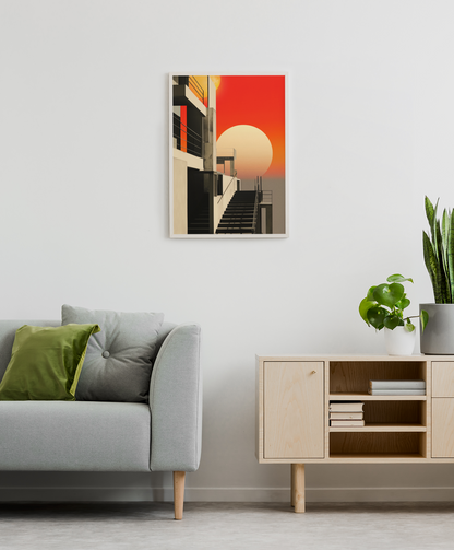 Bauhaus Style Crimson Sunset Architecture Wall Art Design