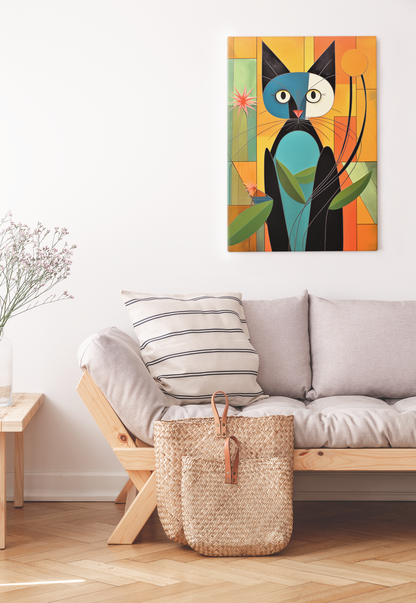 Abstract Cat in Geometrical Shapes and Flowers Wall Art Design