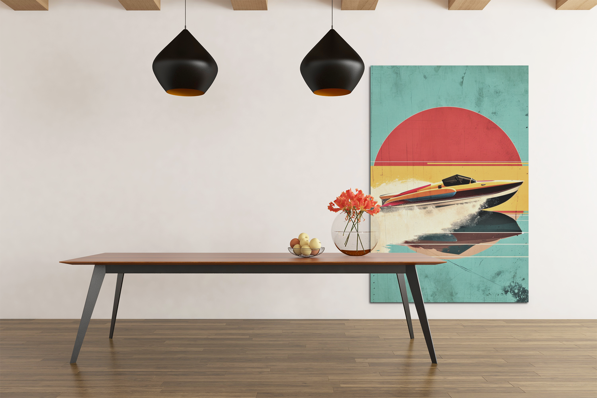 Abstract Speed Boat Sunset Scene Wall Art