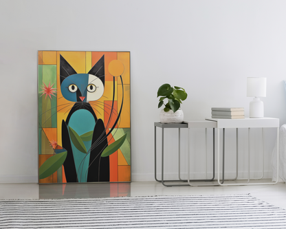 Abstract Cat in Geometrical Shapes and Flowers Wall Art Design
