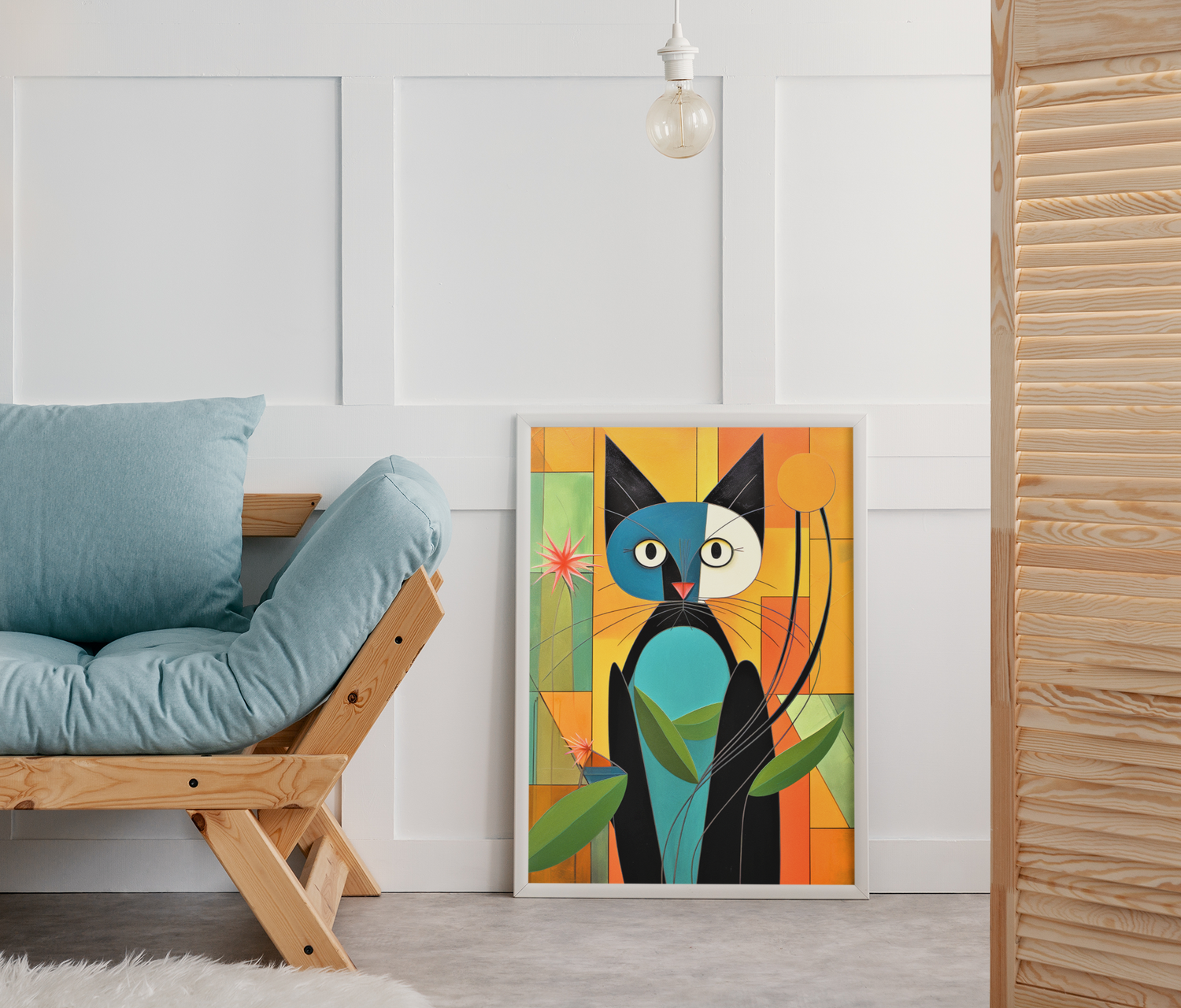 Abstract Cat in Geometrical Shapes and Flowers Wall Art Design