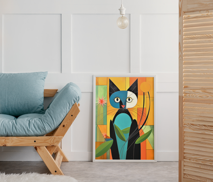 Abstract Cat in Geometrical Shapes and Flowers Wall Art Design